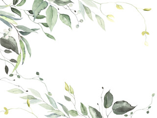 Foliage hand painted card, delicate green leaves isolated on white background, floral nature banner for wedding, wallpaper, invitation or greeting card. Watercolor frame with abstract green plants.