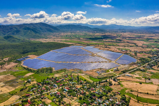 Aerial view of Solar panel, photovoltaic, alternative electricity source - concept of sustainable resources on a sunny day, Krong Pa, Gia Lai, Vietnam