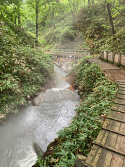 Path along with the Hot Spring River in Noboribetsu, Hokkaido, Japan