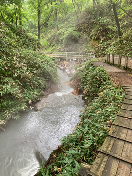 Path along with the Hot Spring River in Noboribetsu, Hokkaido, Japan