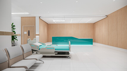 3d rendering .Interior hospital modern design . Counter and Waiting area  Empty Reception  corridior .Medical practice concept.