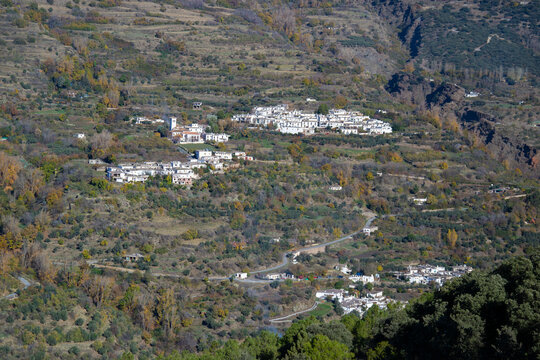 Panoramic view of Mecina, Mecinilla and Fondales de la Taha in the Alpujarra in autumn