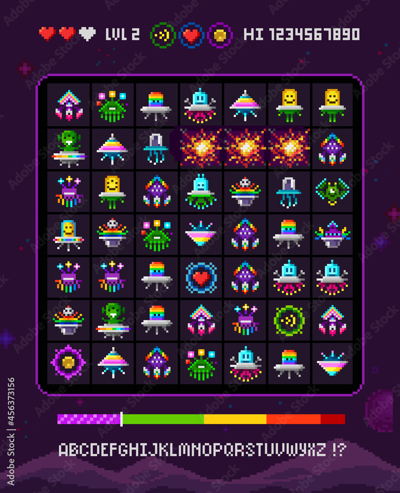 Poster Colorful 8 bit pixel space monsters and ufo aliens - vector design for retro video game design. Cute robots invaders characters. 8-bit arcade characters