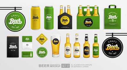 Beer brand identity mockup set with logo concept and bottles package. set of glass bottle mockup, Tin Can, packaging box. Beer shop and Pub Branding mockup set with vintage beer logo. Vector template