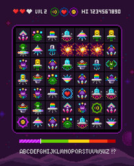 Colorful 8 bit pixel space monsters and ufo aliens - vector design for retro video game design. Cute robots invaders characters. 8-bit arcade characters