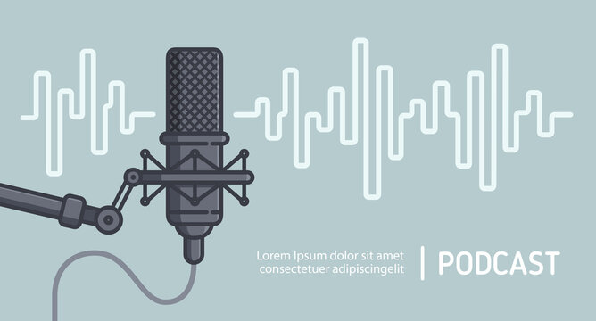 Radio podcast or recording studio microphone with audio wave design. Sound waveform vector illustration. Podcasting or broadcasting background	