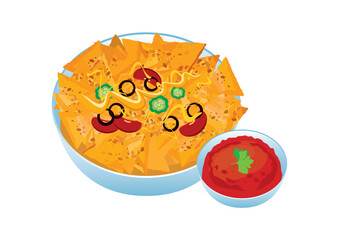 Plate of nacho chips with salsa sauce icon vector. Mexican corn tortilla chips with peppers, olives, beans and cheese icon vector. Mexican food icon isolated on a white background