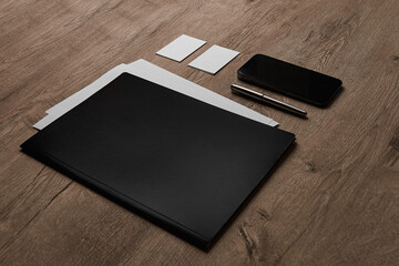 Corporate Stationery. Branding Mock-up. Wooden Background. Dark and Bright Objects. Side View