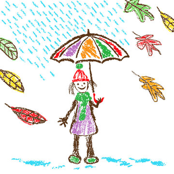 Happy smiling girl with multicolor umbrella. Autumn rain and falling leaves. Crayon hand drawing funny doodle scene. Cartoon crayon, pastel chalk or pencil kids painting simple vector style character 