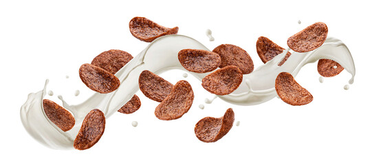 Chocolate corn flakes with milk splash isolated on white background