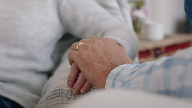 close up old couple holding hands gently touching sharing romantic connection expressing love after long marriage kindness forgiveness concept 4k footage