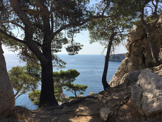 View of the entrances to the Calanque de Sugiton (bottom) and the Calanque de Morgiou (top) seen from the footpath descending to the Calanque de Sugiton in Marseille, France.