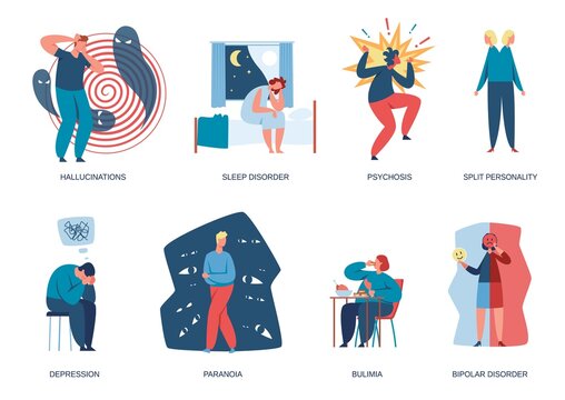 People with mental illnesses, psychological problems or depression. Men and women living with bipolar disorder and insomnia vector set. Characters suffering from bulimia, paranoia and sleep disorder