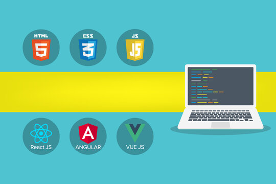 Vector collection of web development shield signs: html5, css3, javascript, react js, angular and vue js.