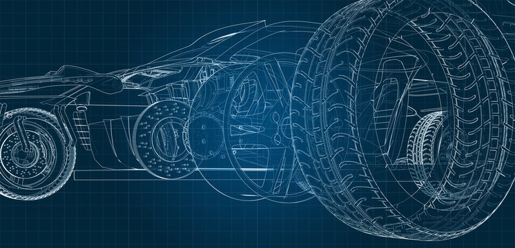 drawing of a car and its parts on a blue millimeter substrate