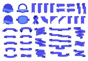 Blue flag labels and badges, tags ribbons banners. Vintage decorative design elements flat ribbon, label, corner, tag, badge vector set. Festive elements for grand opening, congratulation