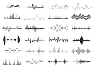 Black sound waves, music beat, audio equalizer. Abstract voice wave rhythm, radio waveform, digital soundwave visualization vector set. Melody player with sound amplitude, song display