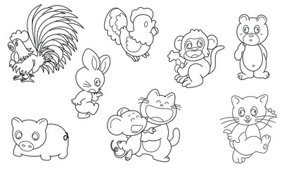 Obraz premium Cute design animal outline vector set 36 (chicken rabbit pig rat cat monkey bear)