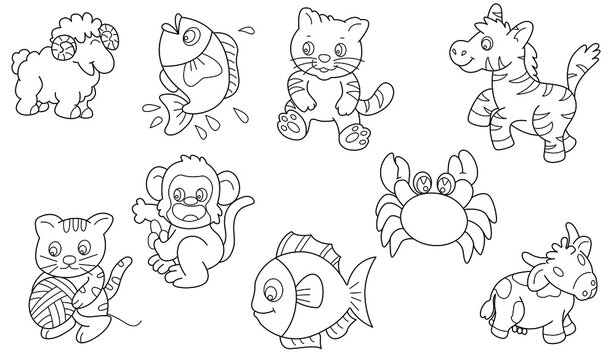 Cute design animal outline vector set 35 (sheep fish tiger giraffe monkey fish crab cow)