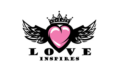 Drawn vector illustration of a heart and wings on a white background