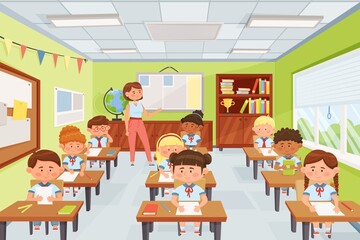 Cartoon teacher with pupils, school kids sitting at desks in classroom. Elementary school children studying in class vector illustration. Children having geography test or exam, getting knowledge