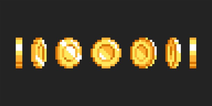Pixel gold coin animation for 16 bit retro game. Game art. Illustration of money 8bit isolated background.