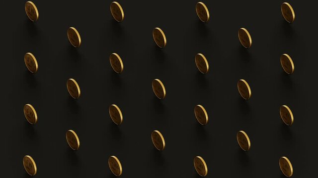 Pattern of gold coins of bitcoin cryptocurrency rotating on a dark background in a seamless loop. Isometric view. 3d render digital currency mining concept. Blockchain technology. 