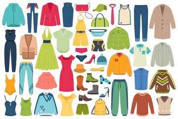 Fashion clothes and accessories, men and women casual clothing. Hats, bags, underwear, sportswear, summer and winter outfits vector set. Seasonal wardrobe with bags and shoes isolated on white