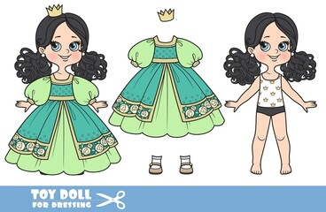 Cartoon girl with black ponytails hairstyle dressed and clothes separately - green ball dress, crown and sandals doll for dressing