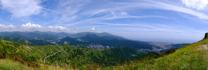 panoramic view of the city of Genova, Liguria, Italy, from the mountains