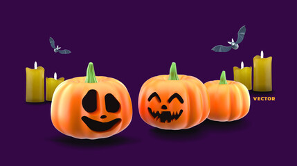 Jack Olanten surrounded by candles, pumpkins and bats on a purple background.
