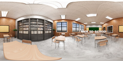 New normal classroom and spacing of tables and chairs to prevent the spread of coronavirus (COVID-19). IEmpty classroom for teach and learn. 3d rendering Interior.