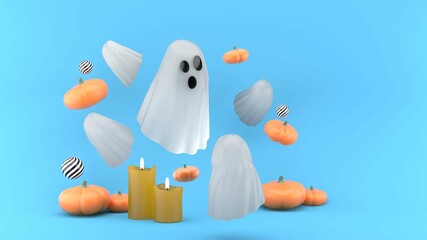 Ghosts surrounded by pumpkins and candles on a blue background.Characters for Halloween.-3d rendering.