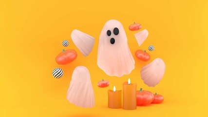 Ghosts surrounded by pumpkins and candles on an orange background.Characters for Halloween.-3d rendering.