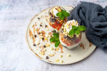 Wine glass dessert with fruit , Yogurt Parfait breakfast or 