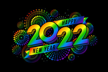 Fototapeta premium Happy New Year 2022. Vector illustration of the colorful fireworks and text on black background for holiday and celebration event.