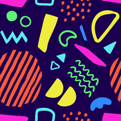 Seamless pattern with abstract organic shapes, stains, lines. Colorful vector elements in doodle style for background, wallpaper, textile, cover, banner, card. Simple, fun design. Modern graphic 