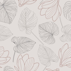 Vector seamless pattern with tropical palm leaves and flower in contour line style