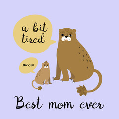 Funny greeting card for Mothers day - Best mom ever with doodle lion and lion cub vector illustration