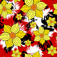 Abstract hand drawn blots and fantasy flowers seamless pattern background. Stylized doodle floral motifs endless texture. Bright editable repeating surface design. Flat boundless botanic ornament