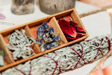 Obraz na płótnie Canvas set of dried herbs delphinium, sage, wormwood, lavender, rose. Wormwood wand