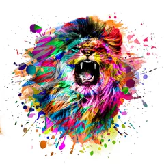 Foto op Plexiglas colorful artistic lion muzzle with bright paint splatters on dark background. © reznik_val