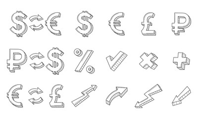 A set of linear business, icons. Currency exchange symbols, ruble, dollar, euro, pound, arrows. The growth and fall of the currency. Hand-drawn black and white vector illustration. Isolated on white.