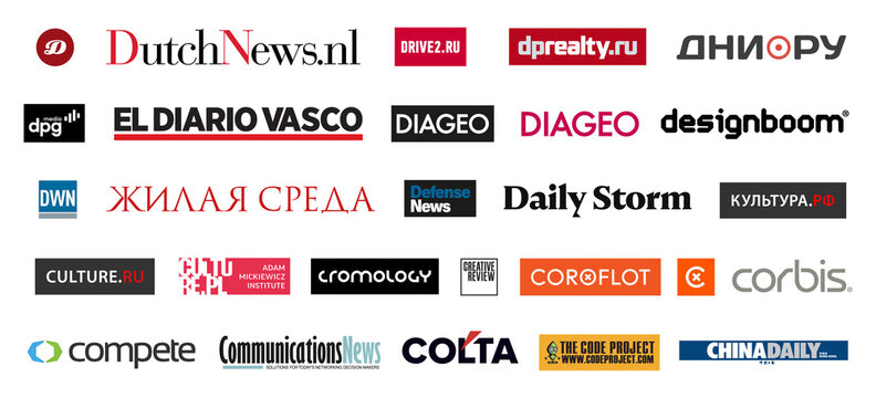 logos of the press and news channels, logos of famous brands, badges with company logos
