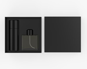 Blank perfume and deodorant gift set box for branding, 3d render illustration.