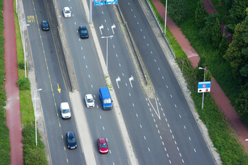 Aerial view of a highway with some traffic in the center of Rotterdam in the Netherlands