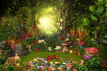 Fantasy fairy tale Background for the fairy tale ,fairy-tale glade with flowers - obrazy, fototapety, plakaty