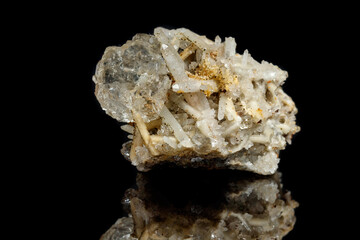 Macro mineral stone fluorite with quartz against black background