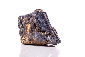 macro mineral stone sherle, schorl, black tourmaline on white background