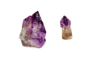 Macro Mineral Stone Amethyst together smoky quartz, rauchtopaz on a white background